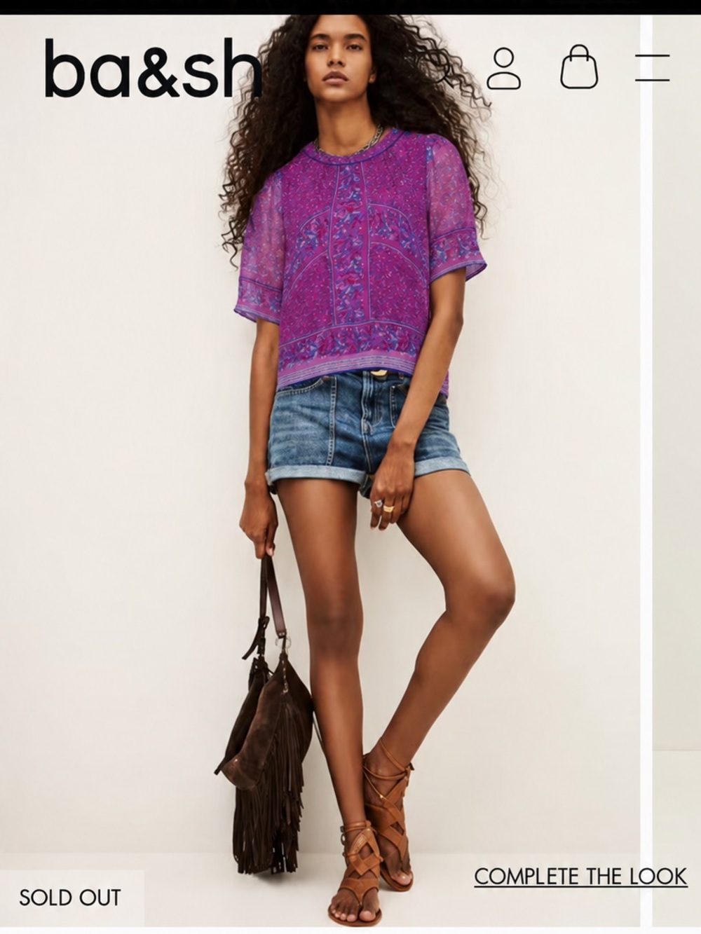 Ba&sh Moccha Fuchsia Floral Print Chiffon Top ruffled shoulders sheer 8 boho